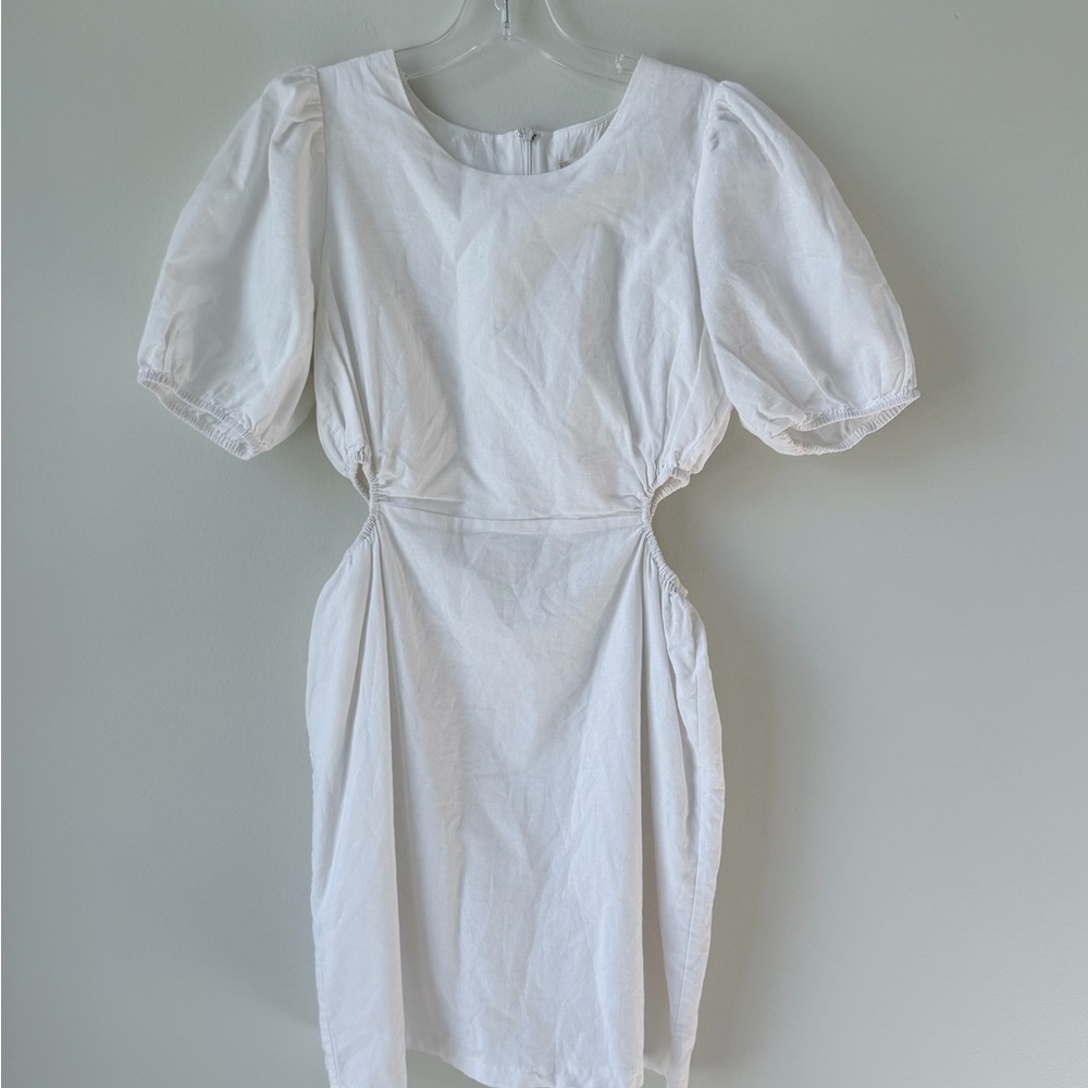 Altar'd State Size Medium White Puff Sleeve Cutout Mini Dress Linen Blend Lined - Picture 3 of 13